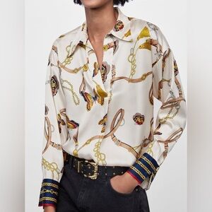 Zara Cream Chain & Equestrian Print Silk Blouse with Navy Trim